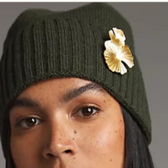 Anthropologie NWT Olive Moss Green Knit Embellished Floral Beanie Hat